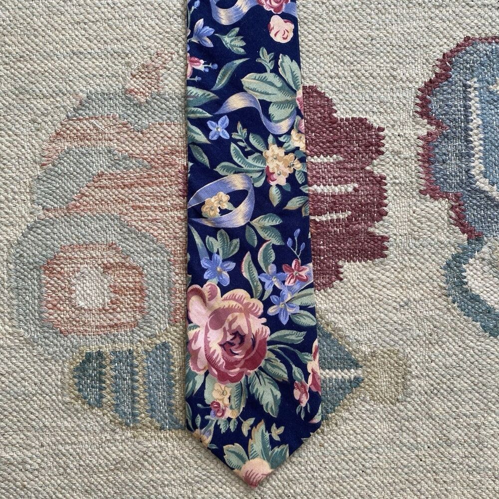 Vintage 90s Cotton Floral Tie Tango Max Raab Navy Blue Woven Made in USA Dark